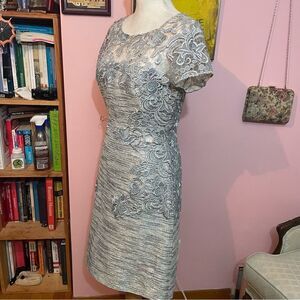 Kay Unger Silver & Pale Blue Embellished Lace Cut Out Mini Dress
